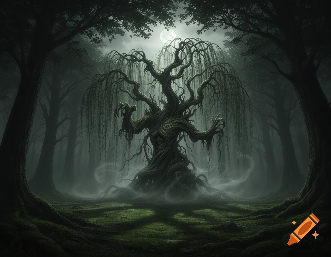 A monstrous, gnarled weeping willow tree with claw-like branches stands in a dark, misty forest under a full moon.