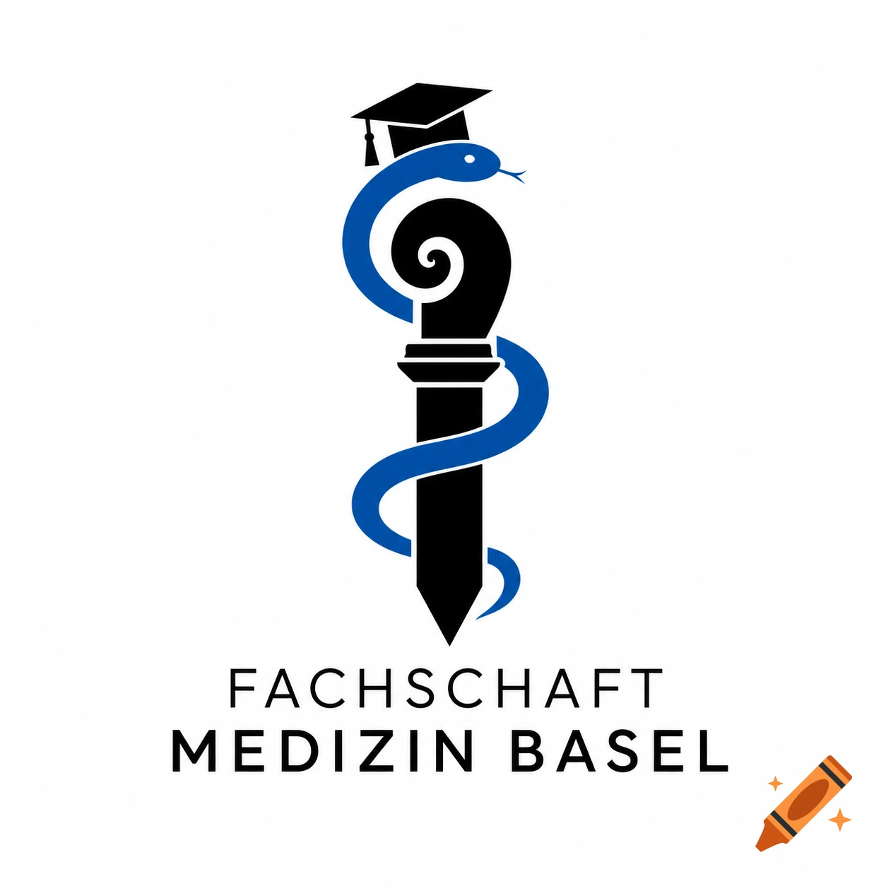 A modern logo featuring a black staff with a blue snake coiled around it, topped with a graduation cap, over the text FACHSCHAFT MEDIZIN BASEL.
