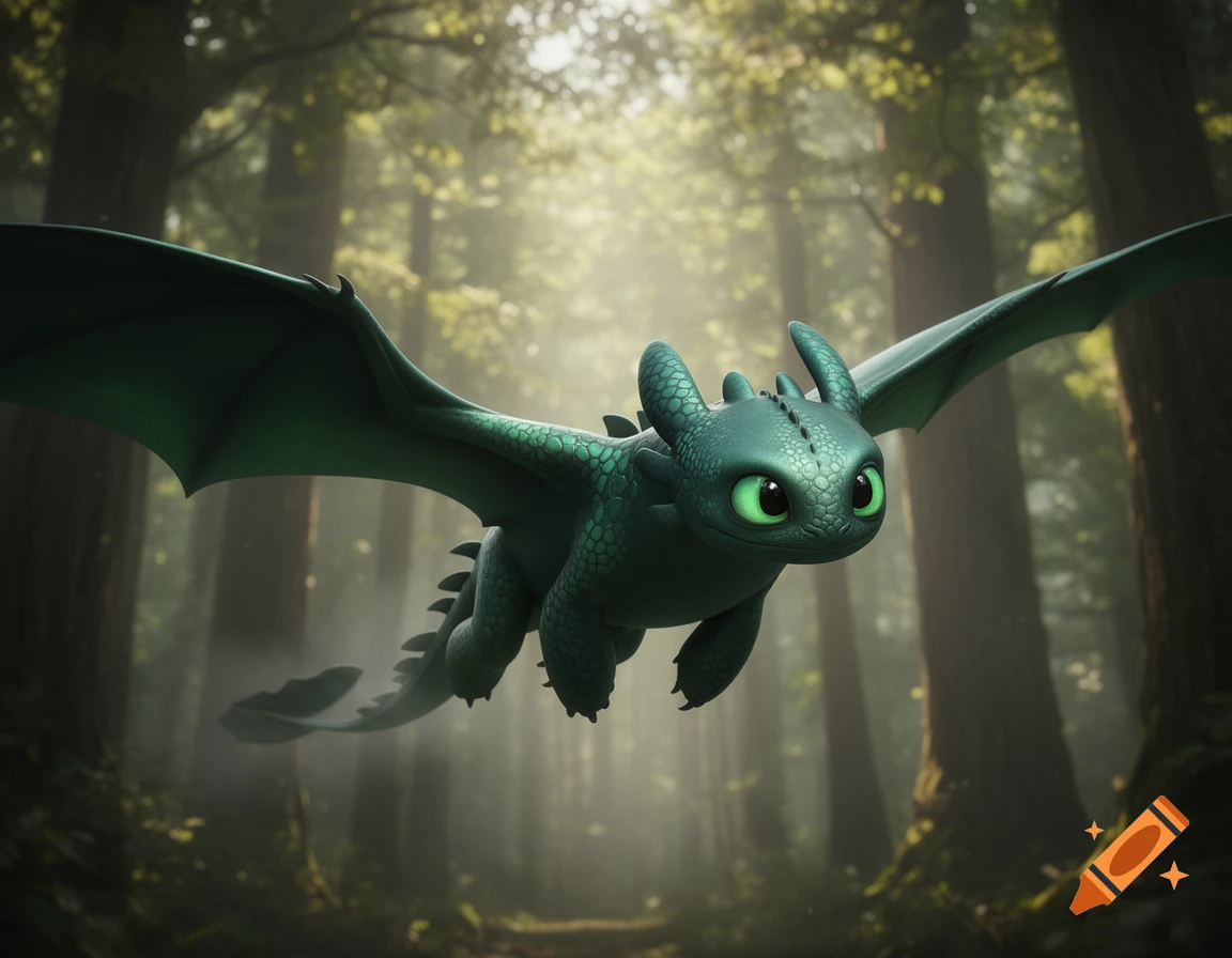 A cartoon-style green dragon with large wings and bright green eyes flies through a sunlit, misty forest.