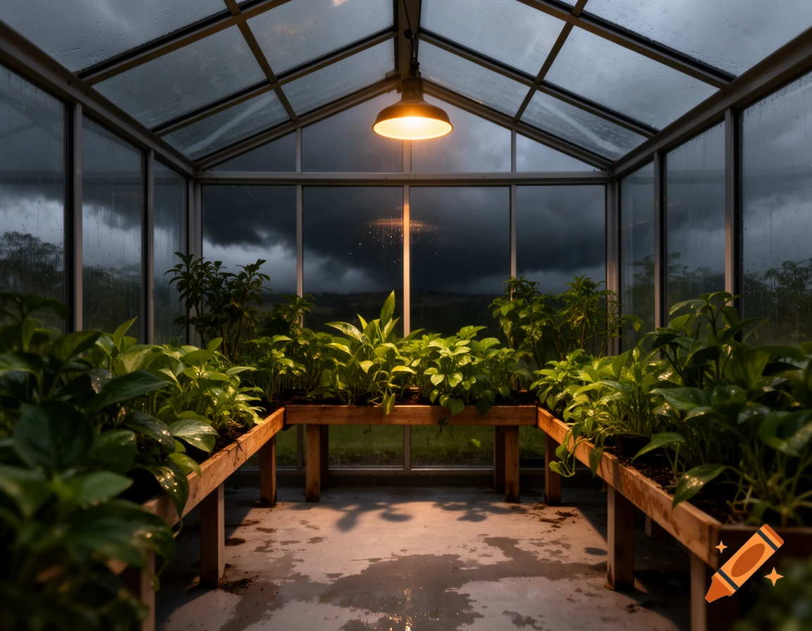 A warm lamp illuminates green plants on wooden benches inside a cozy greenhouse as dark storm clouds gather outside.