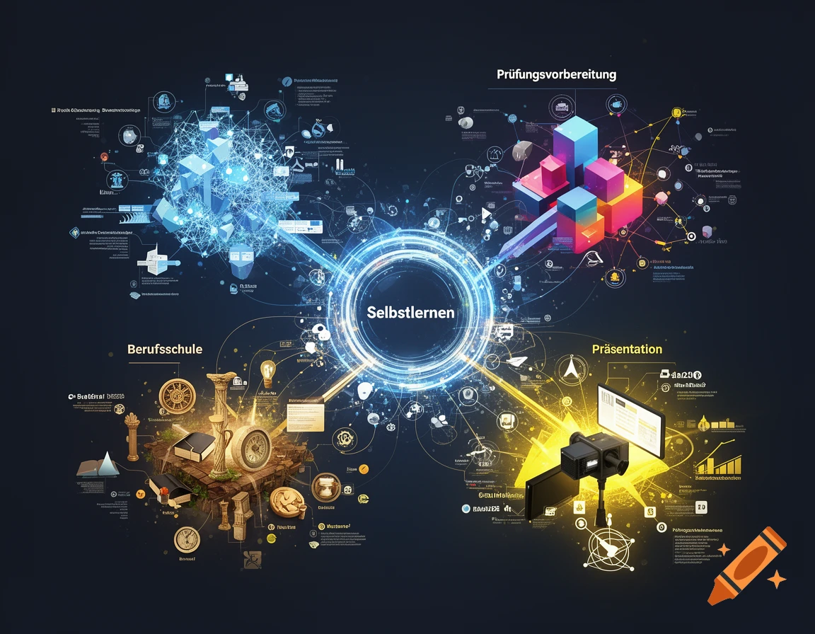 An infographic showing 'Self-Learning' at the center, surrounded by clusters like 'Exam Preparation', 'Vocational School', and 'Presentation', with related icons and networks.