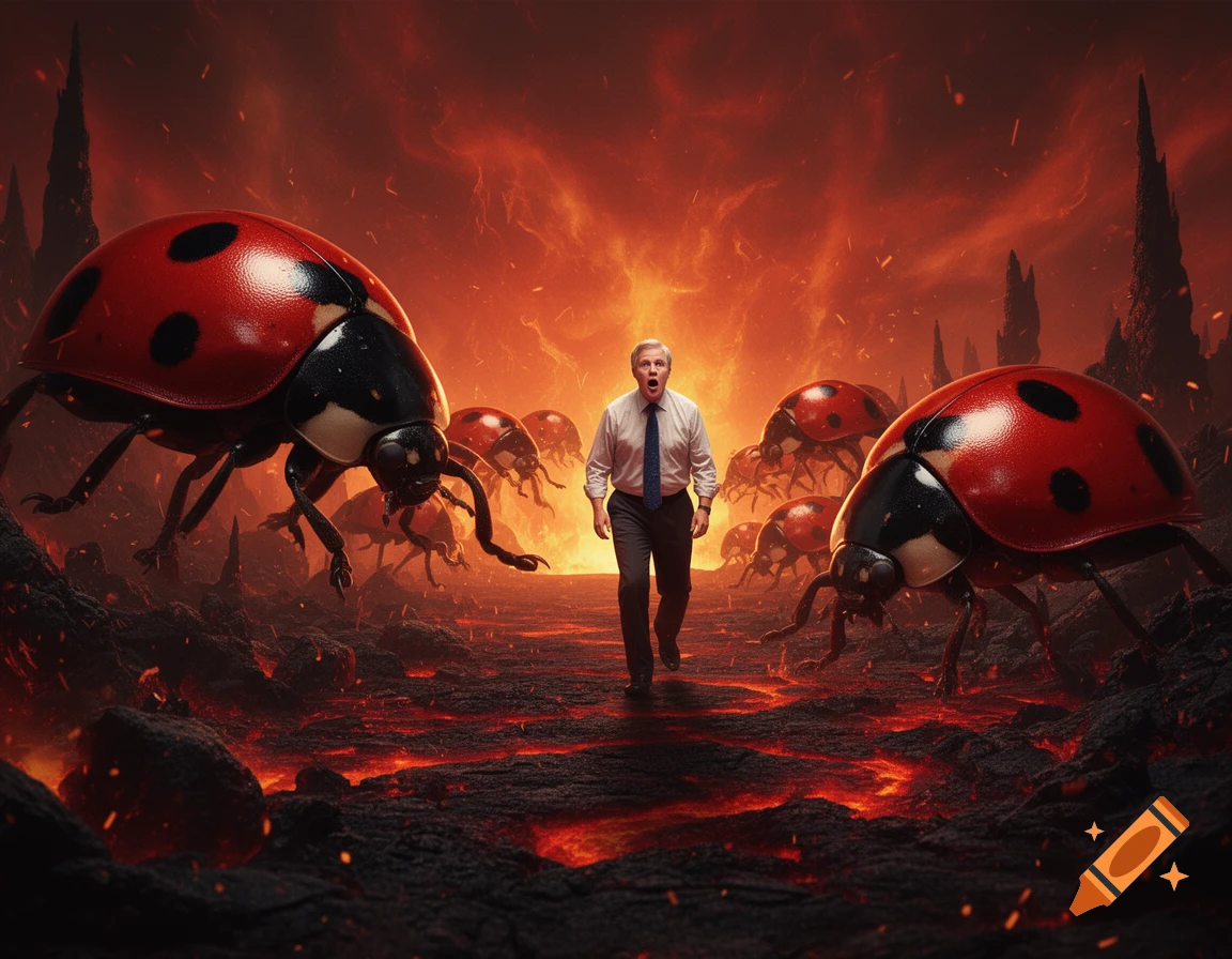 Man resembling Lindsay Graham flees giant ladybugs in a fiery, hellish landscape.