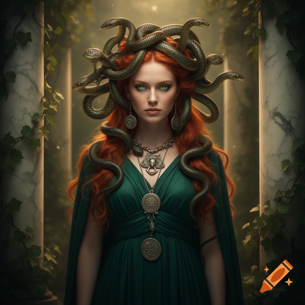 Photorealistic portrait of Medusa, a red-haired woman with glowing green eyes and snakes for hair, wearing a green gown.