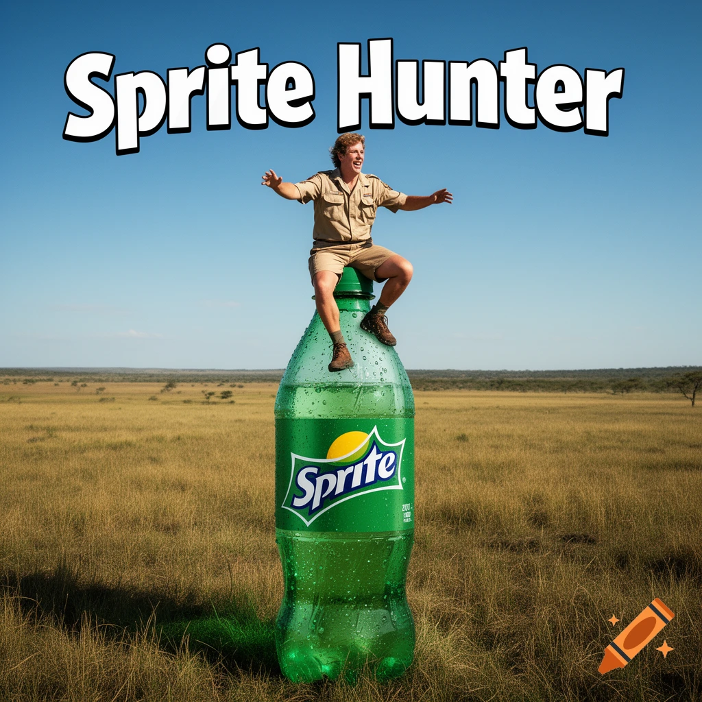 Steve Irwin, the Crocodile Hunter, sits atop a giant Sprite bottle in a savanna, with 'Sprite Hunter' text above him.