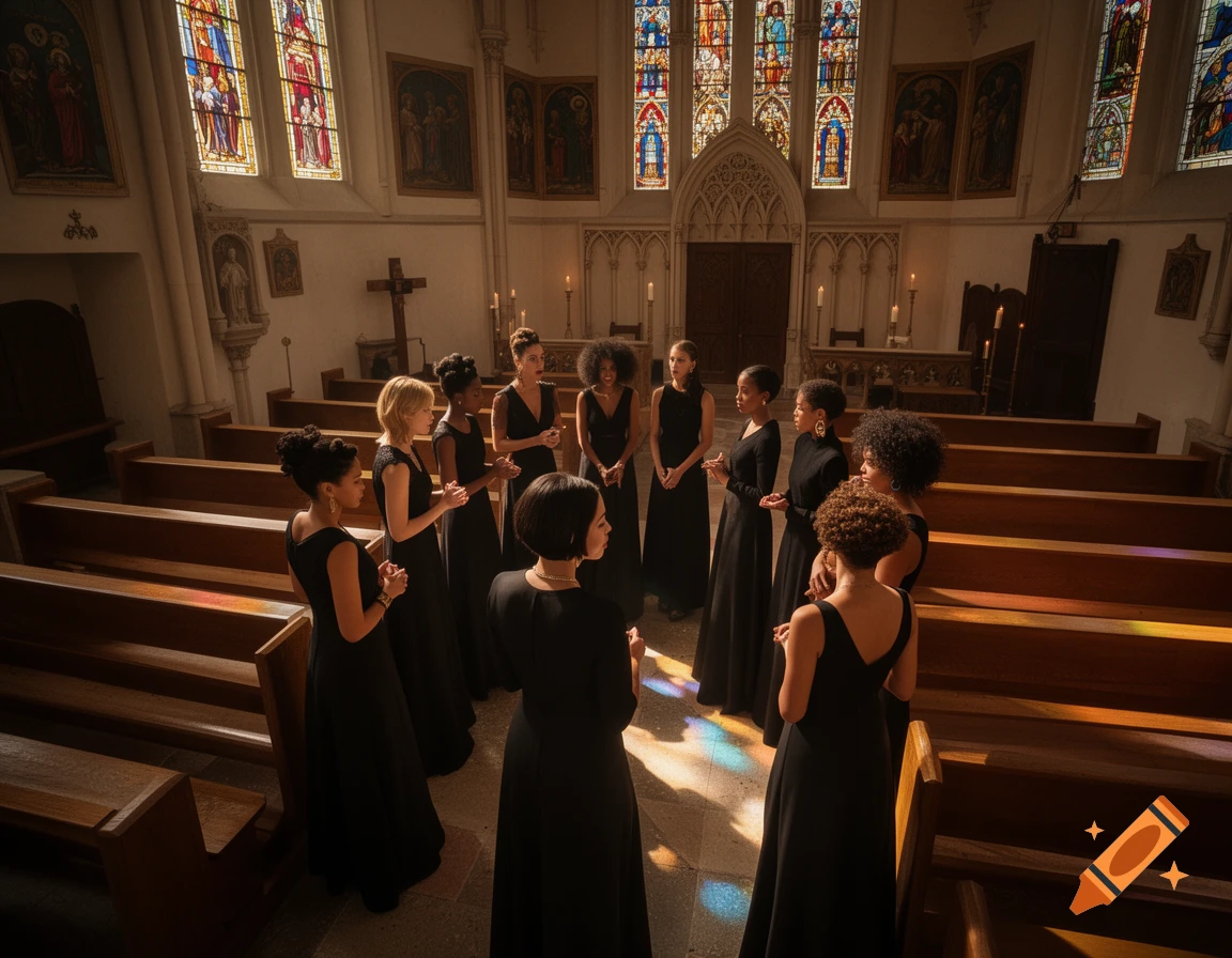A group of women in black dresses standing in a circle inside a church, with light filtering through stained glass windows.