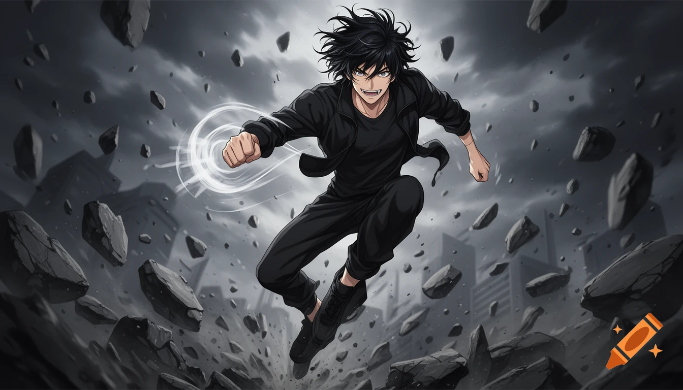 Anime-style male character with black spiky hair leaping amidst flying debris, a white energy aura around his fist, against a dark, cloudy sky.