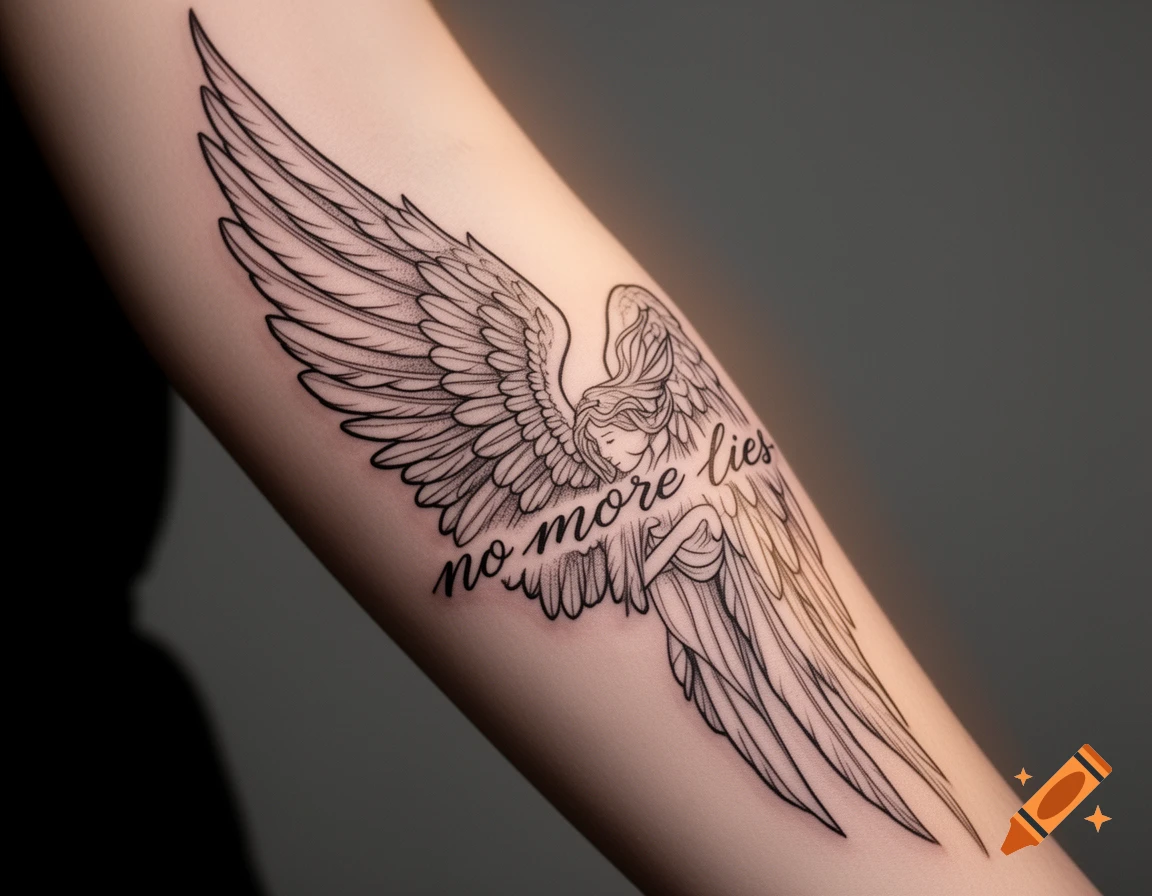 Line art tattoo of an angel with spread wings and the text 'no more lies' on a person's arm.