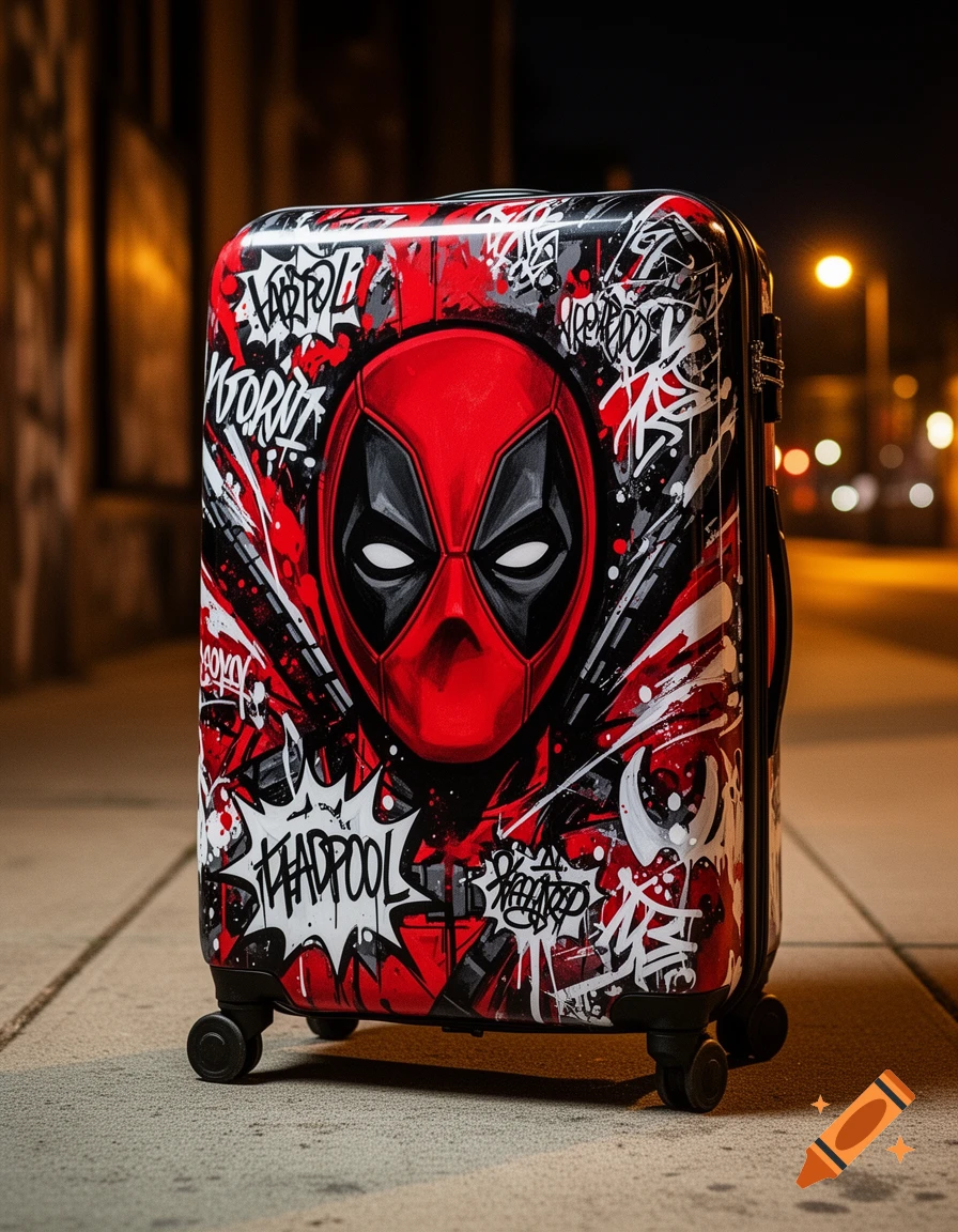 A red and black suitcase featuring a graffiti-style Deadpool mask and splatters, with stylized text, on a sidewalk at night.