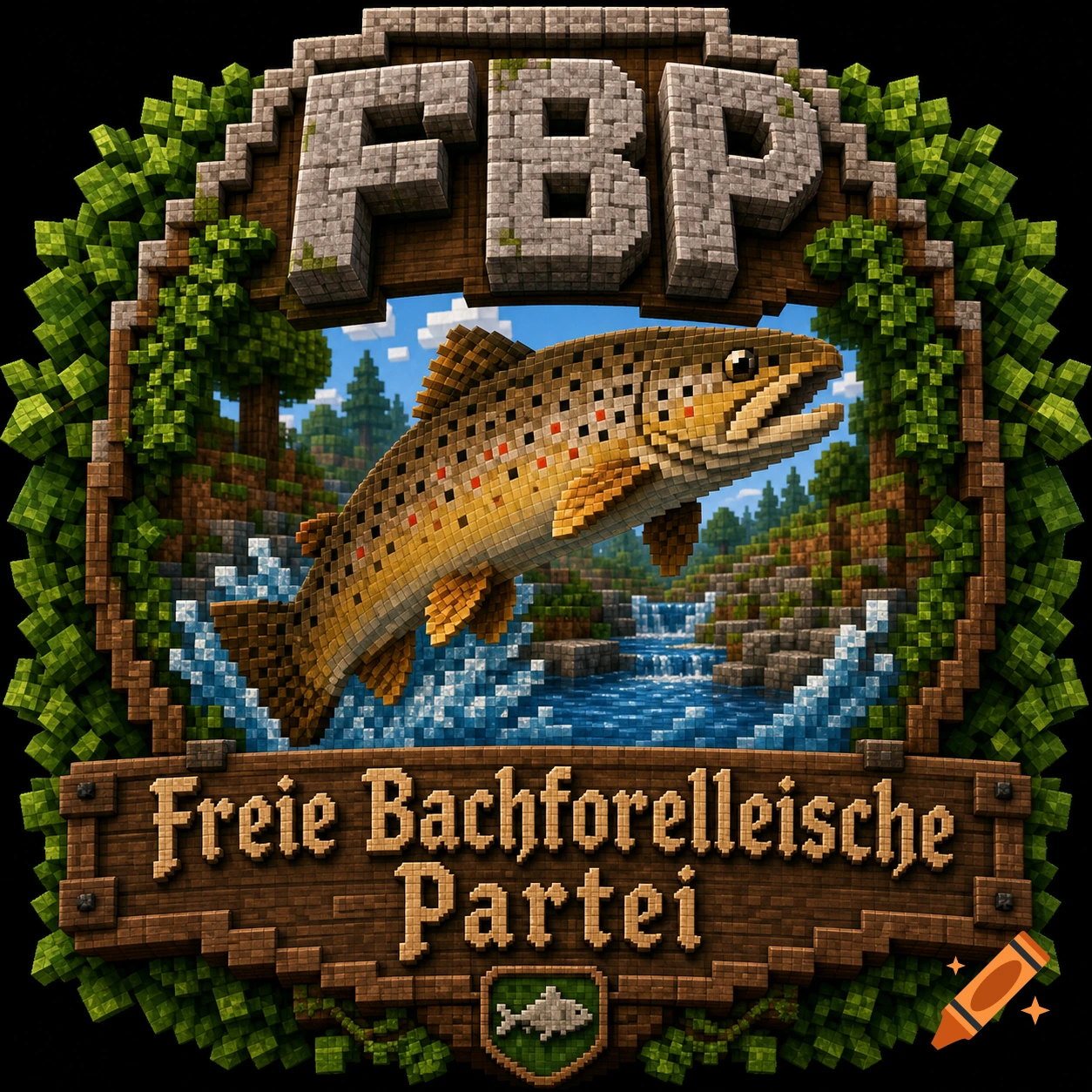 Minecraft-style logo with a jumping brown trout, waterfall, trees, and text 'FBP' and 'Freie Bachforelleische Partei'.