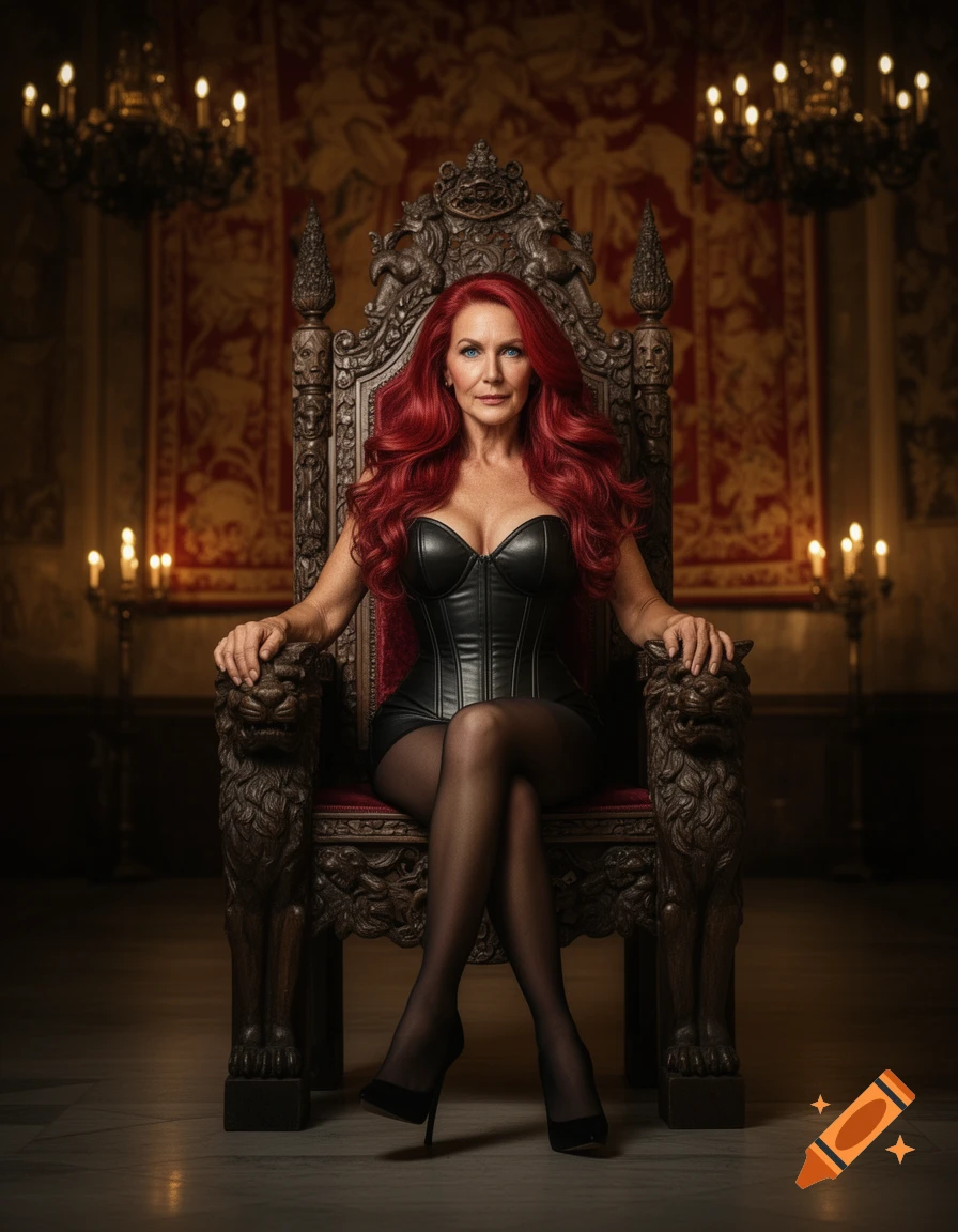 Red-haired woman in a black leather corset, stockings, and high heels, seated regally on an ornate throne in a dimly lit, lavish room.