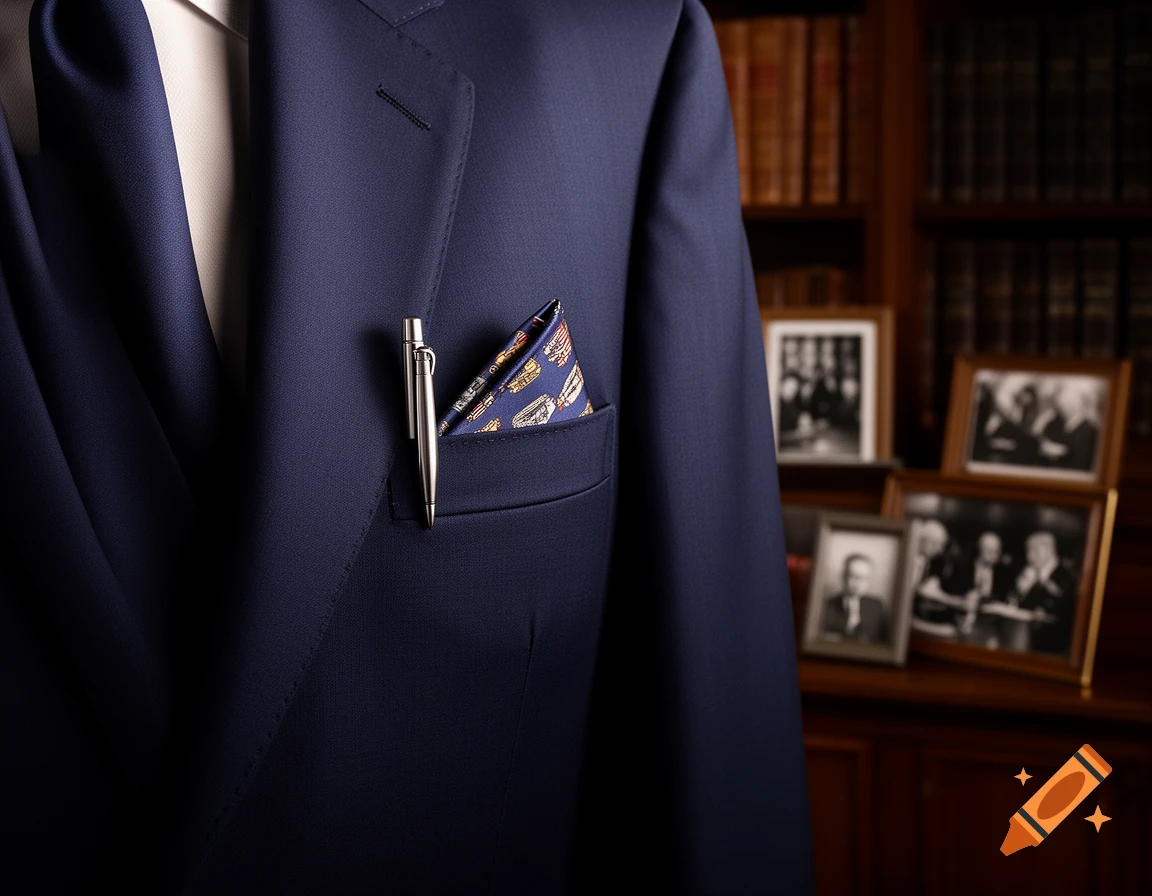 Close-up of a navy blue suit jacket with a silver pen and a patterned pocket square in the breast pocket, in a study.