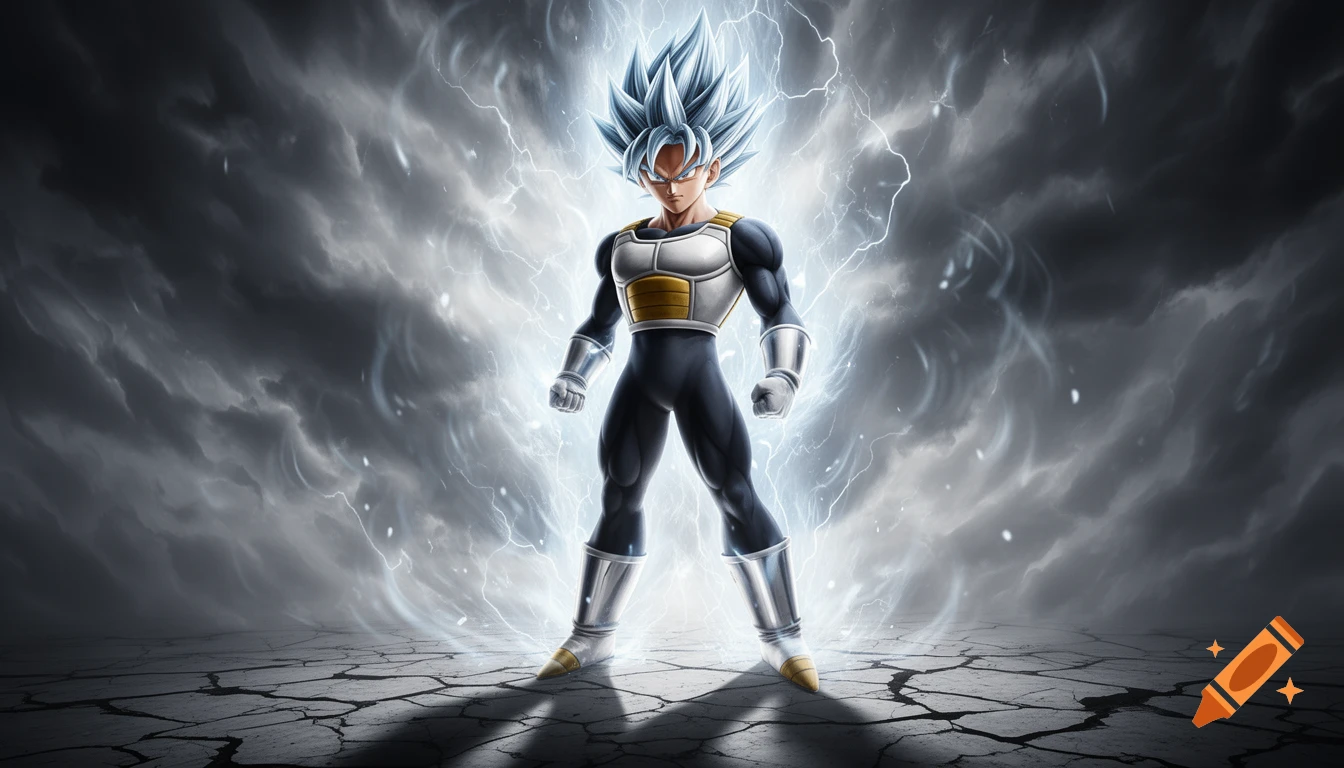 A powerful anime character, Vegeta, stands with an intense aura of white lightning against a dark, cloudy sky and cracked ground.