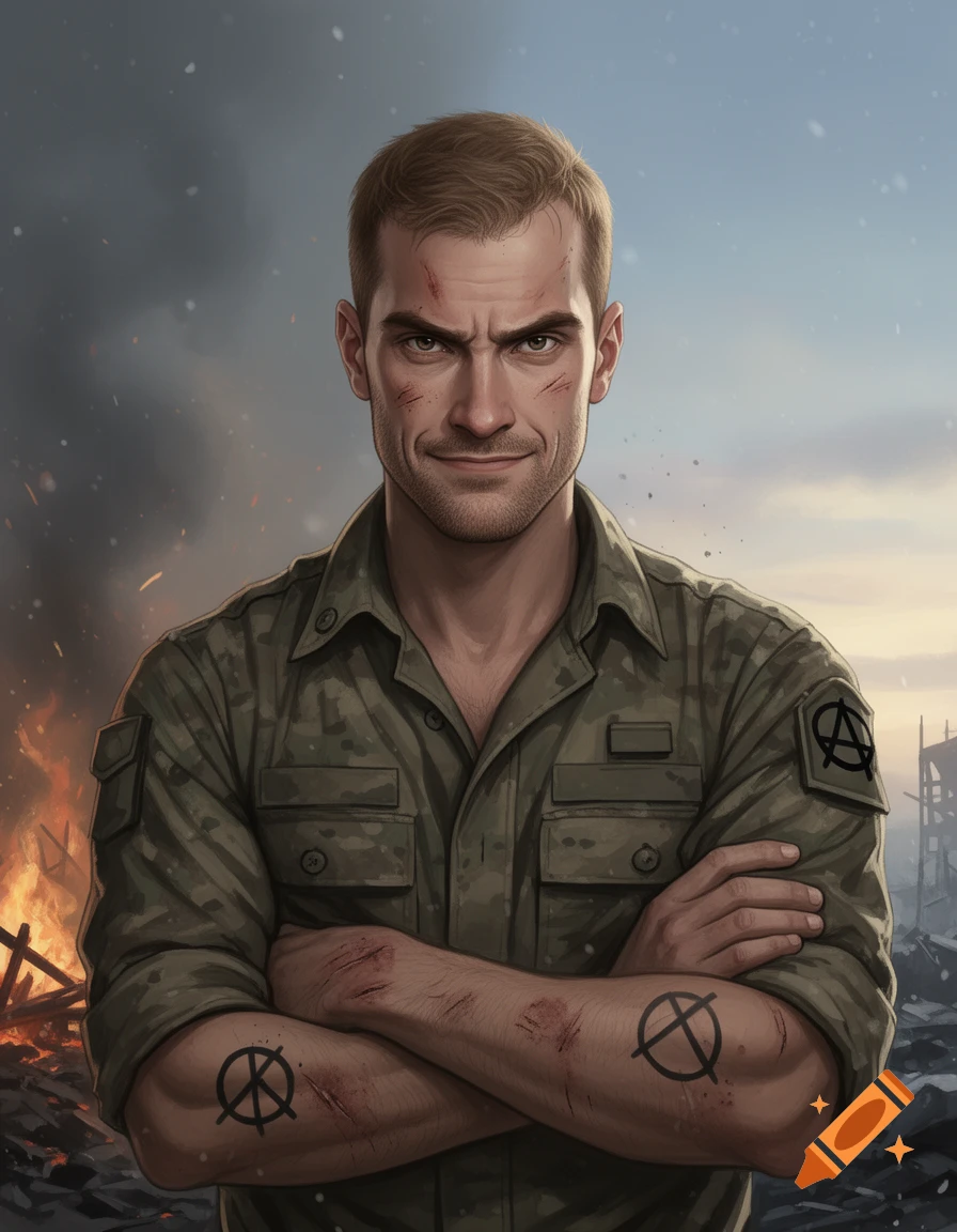 A semi-realistic digital art portrait of a tired male soldier with stubble and scars, wearing a camouflage uniform, with an anarchy symbol patch and a crossed-out circle tattoo, set against a backdrop of war embers and dawn. He stares resolutely at the viewer.