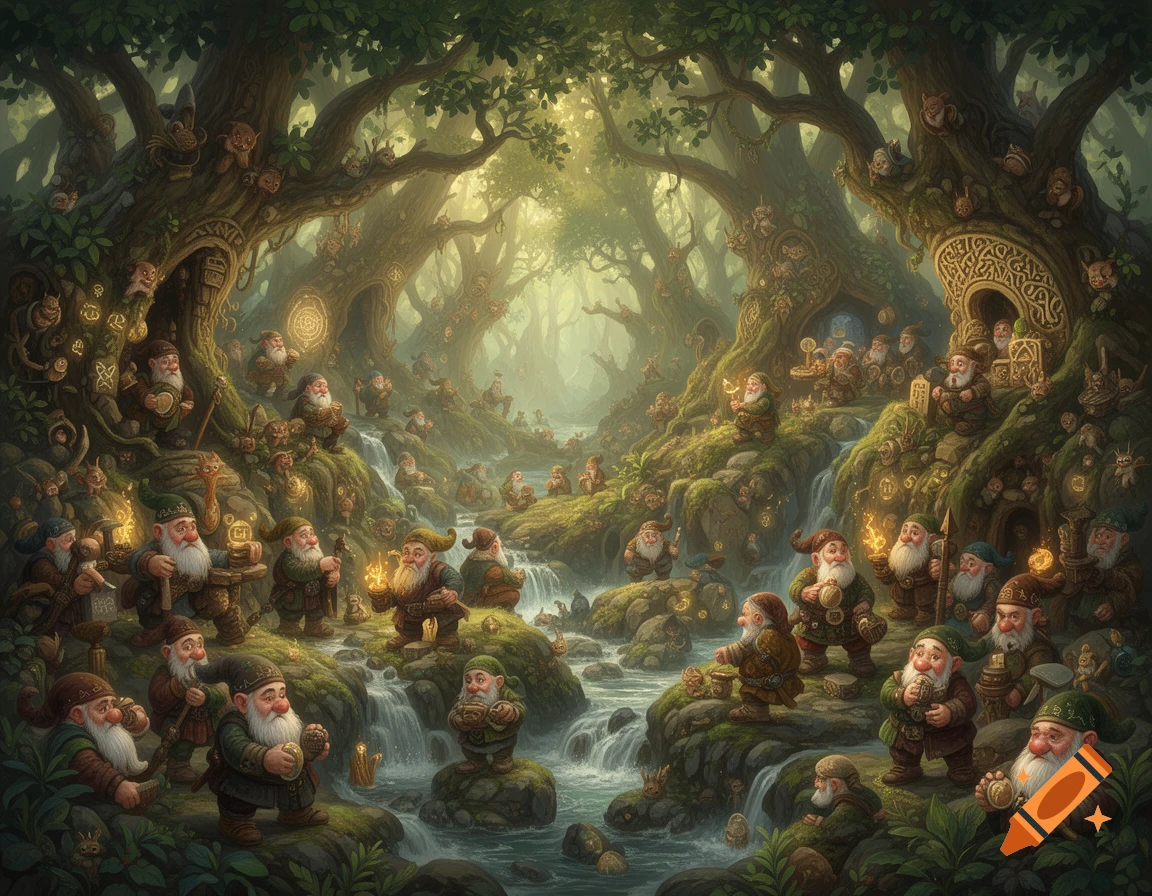 Detailed fantasy illustration of numerous gnomes in a magical forest with glowing artifacts and waterfalls.