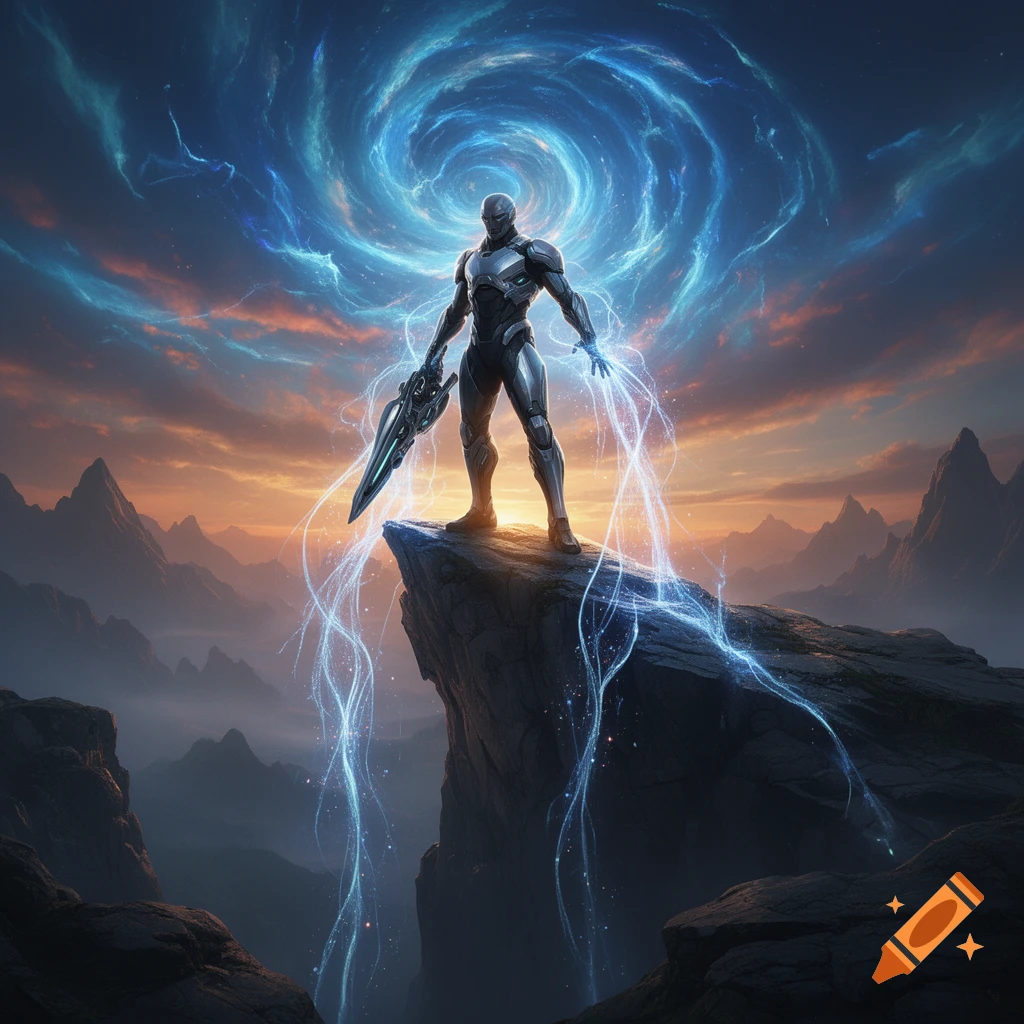 A futuristic warrior in armor stands on a mountain peak, channeling glowing blue energy under a swirling, dynamic sky at sunset.