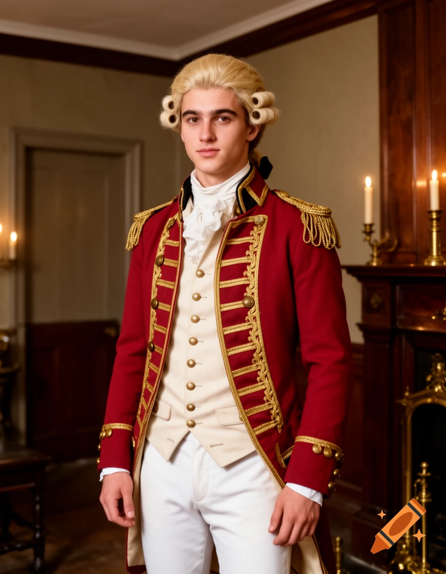 Young man in a red and gold 1700s British Army officer's uniform and blonde wig, standing in an elegant room.