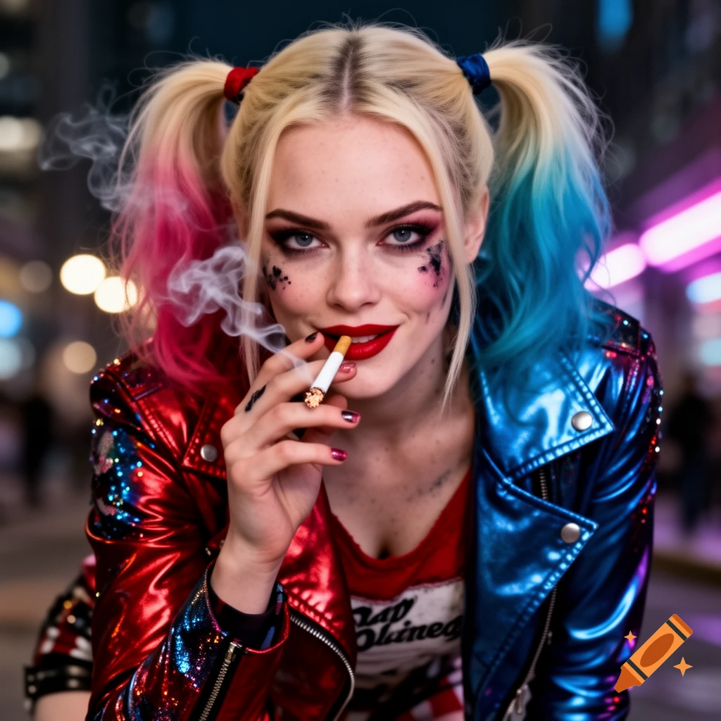 Photorealistic portrait of Margot Robbie as Harley Quinn, with blonde and pink/blue pigtails, smudged makeup, smoking a cigarette, wearing a red and blue metallic jacket, looking forward with a slight smile in an urban night setting.