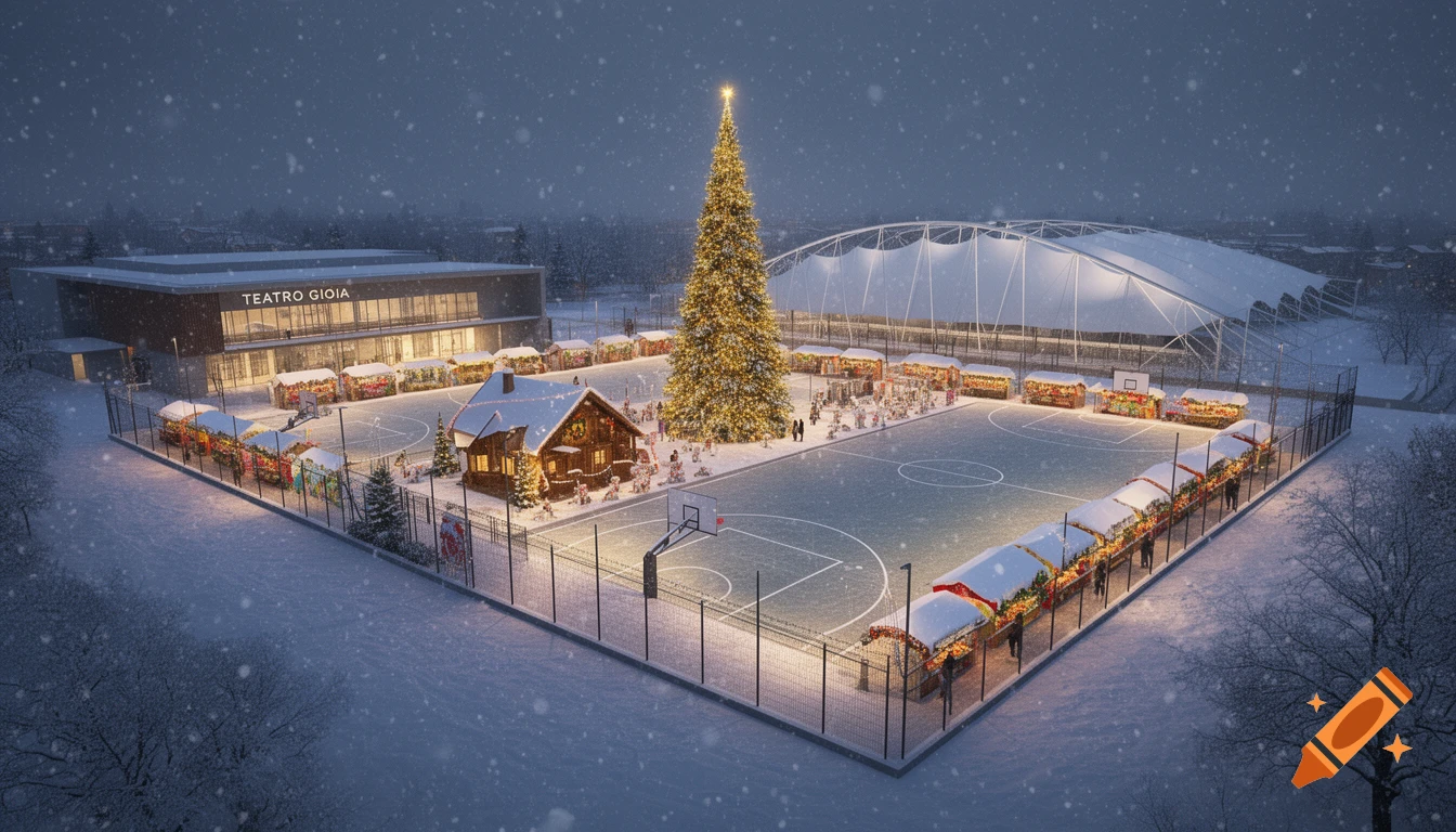 Photorealistic aerial view of a snowy Christmas village in outdoor courts with a giant lit tree, market stalls, and buildings under heavy snow at night.
