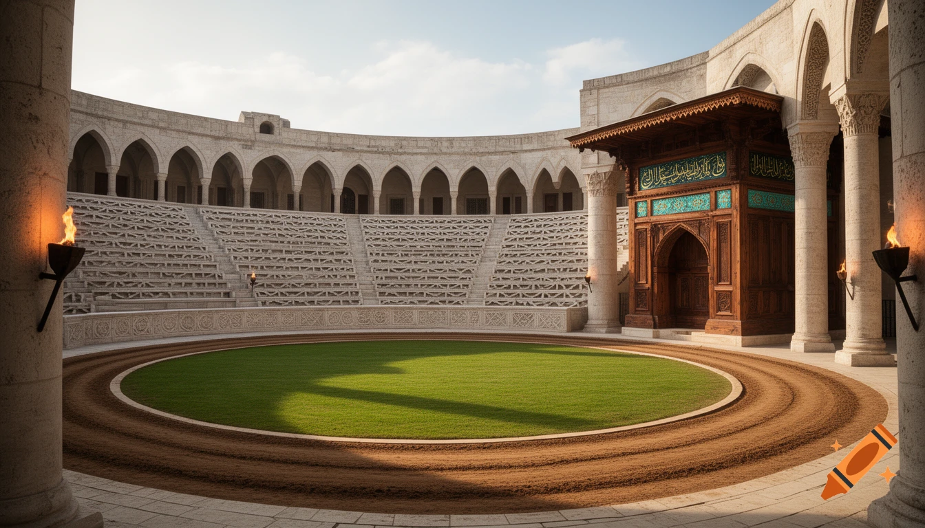 A majestic Ottoman and Seljuk style sports arena with a green field, dirt track, stone tribunes, and a wooden VIP pavilion with turquoise tiles. Torches light the stone columns.