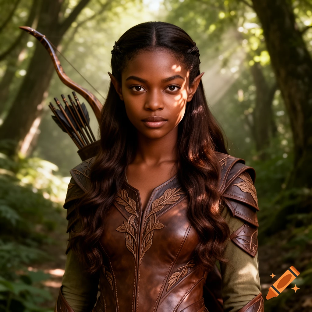 Photorealistic portrait of a Black woman elf archer with long dark hair, wearing brown leather armor, holding a bow and arrows in a sunlit forest.