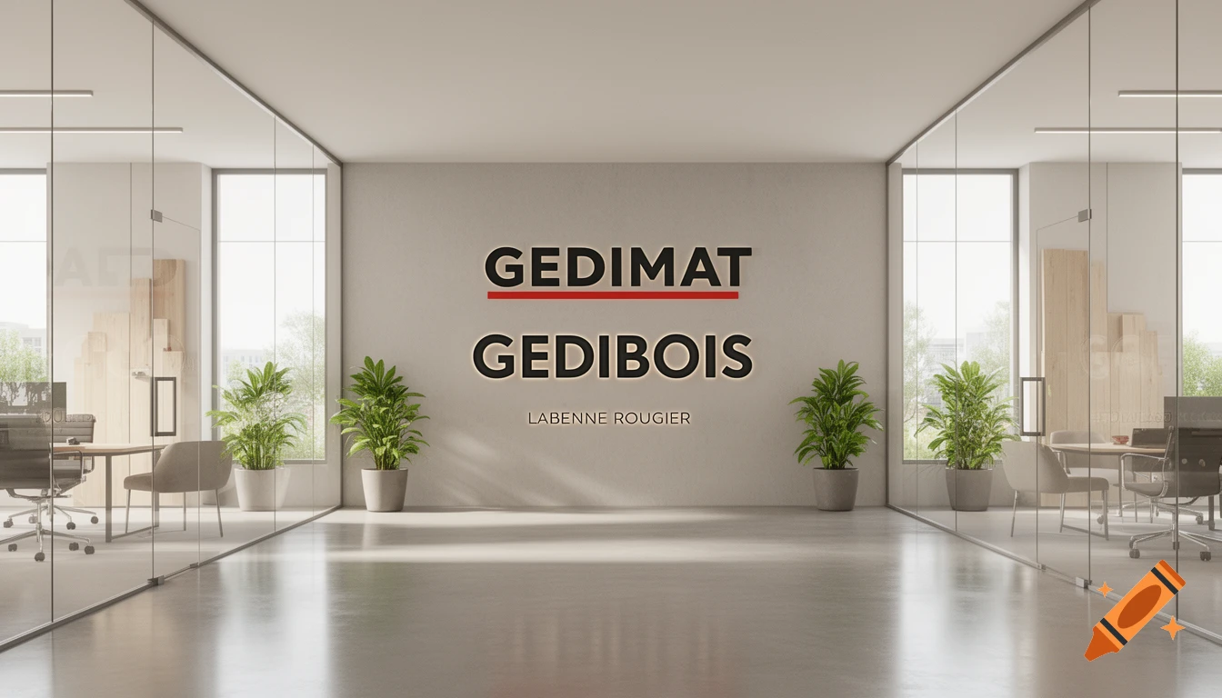 Modern office lobby with glass walls, large windows, potted plants, and 'GEDIMAT', 'GEDIBOIS', 'LABENNE ROUGIER' logos on the wall.