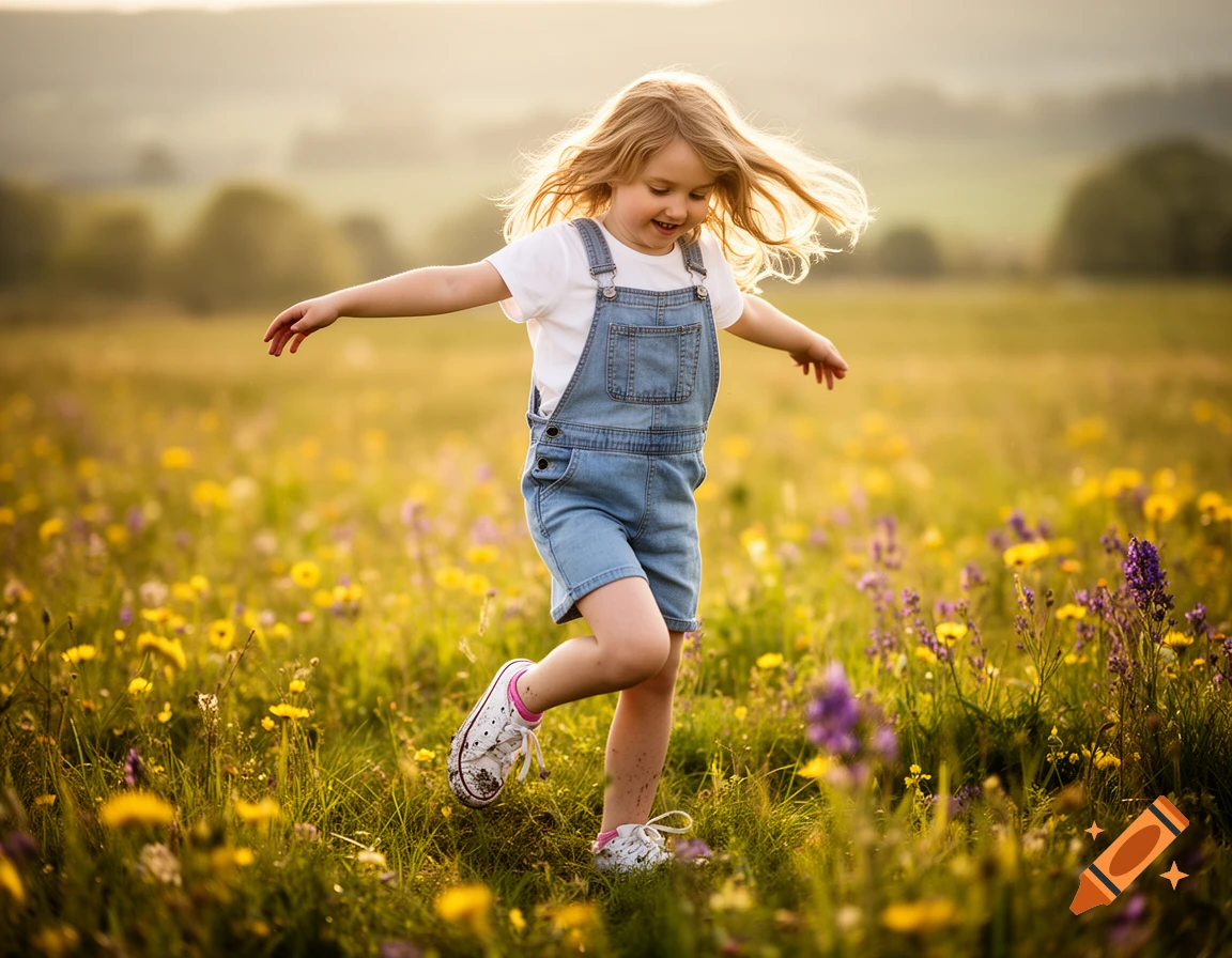 A smiling young girl with blonde hair in denim overalls runs through a sunny field of yellow and purple wildflowers.