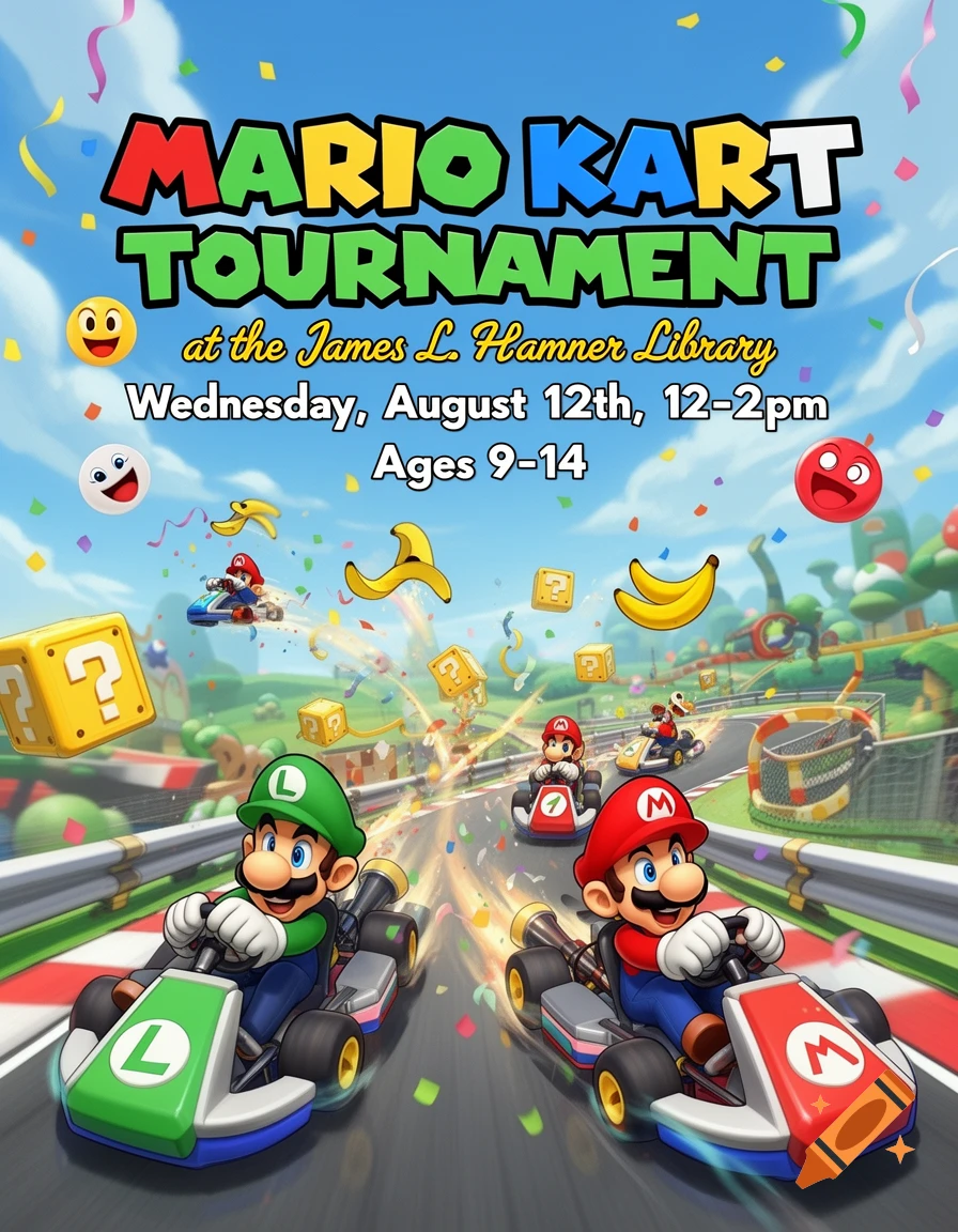 A colorful flyer for a Mario Kart Tournament, showing Mario and Luigi racing on a track with confetti and game items.