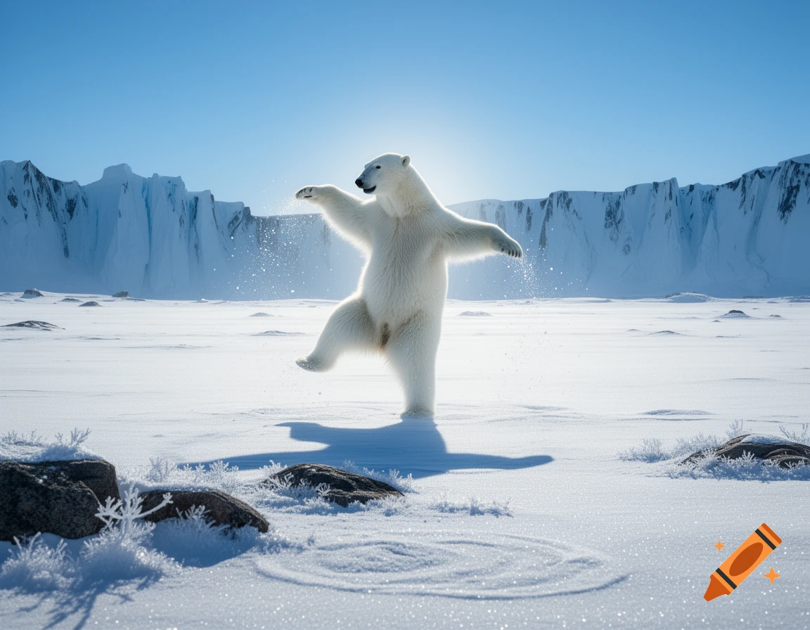 A white polar bear stands upright on its hind legs, seemingly dancing in a vast, sunny, snowy arctic landscape with ice cliffs.