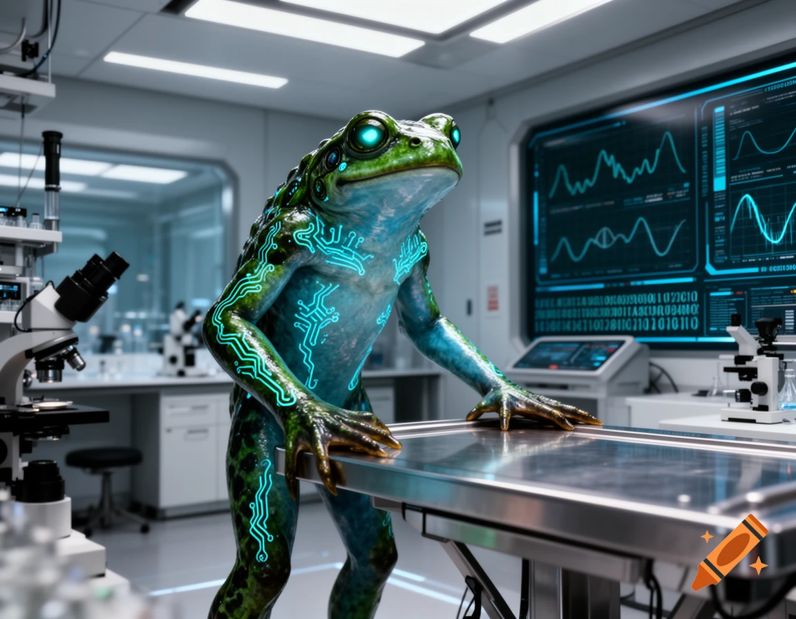 A bio-enhanced, bipedal frog-like creature with glowing circuit patterns stands in a futuristic science lab.