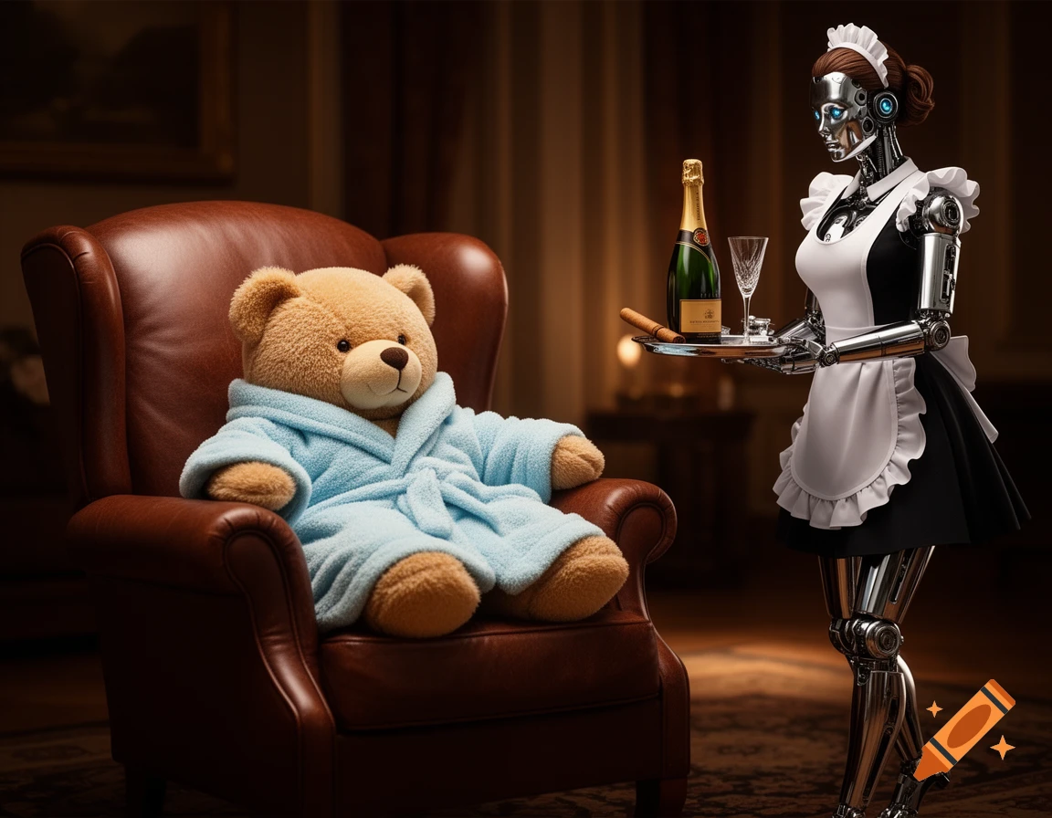 A teddy bear in a blue bathrobe sits in a leather armchair as a shiny robot maid in a classic outfit serves champagne and a cigar on a silver tray.