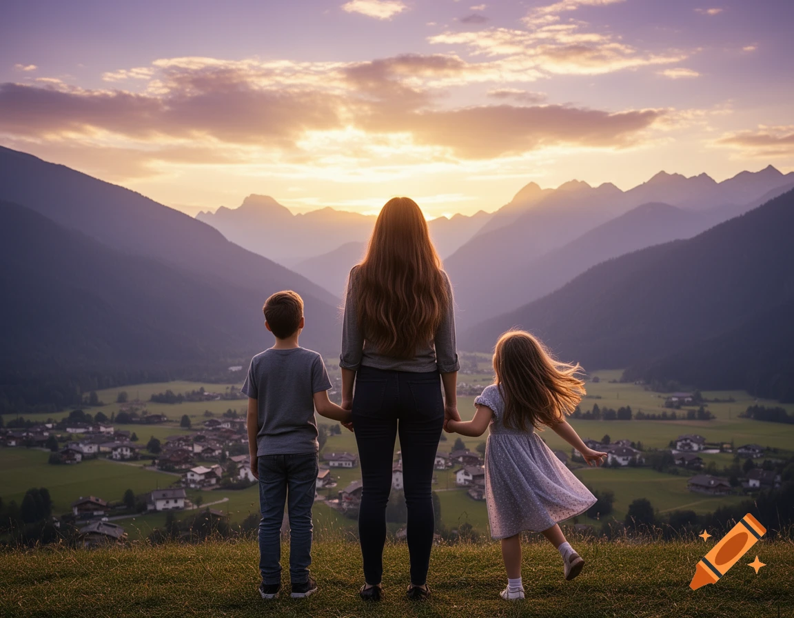 Mother and two children stand on a hill, backs to viewer, looking at a mountain valley and village at sunset.
