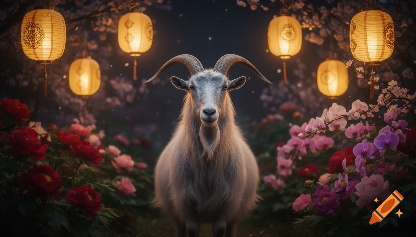 A majestic goat stands among vibrant red and pink flowers, illuminated by glowing Chinese lanterns hanging from trees at night.