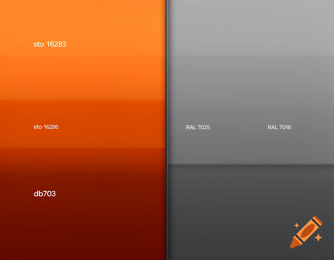 A vertical color palette displaying various shades of orange, red, and grey, each labeled with color codes.