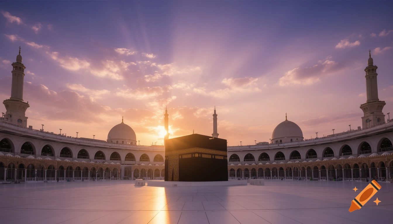 Photorealistic Kaaba at Masjid Al-Haram glowing in golden sunrise light under a serene purple and orange sky.