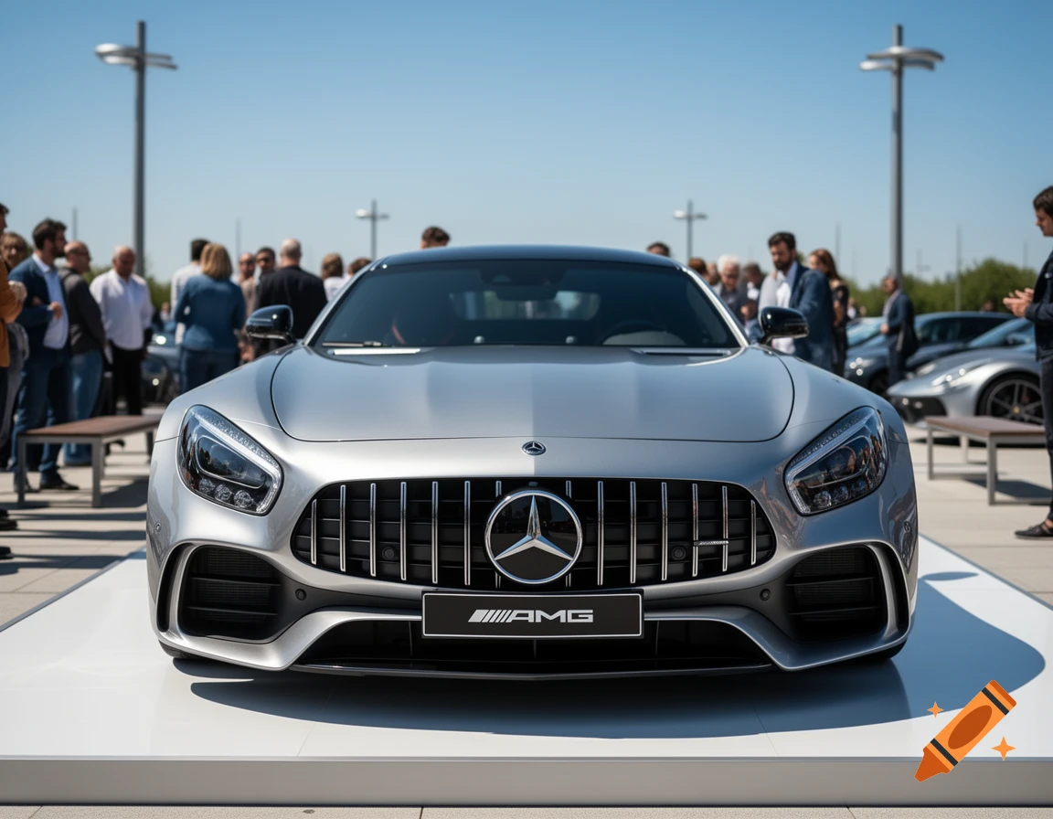 Front view of a silver Mercedes AMG GT R on a display platform outdoors, surrounded by people under a clear blue sky.