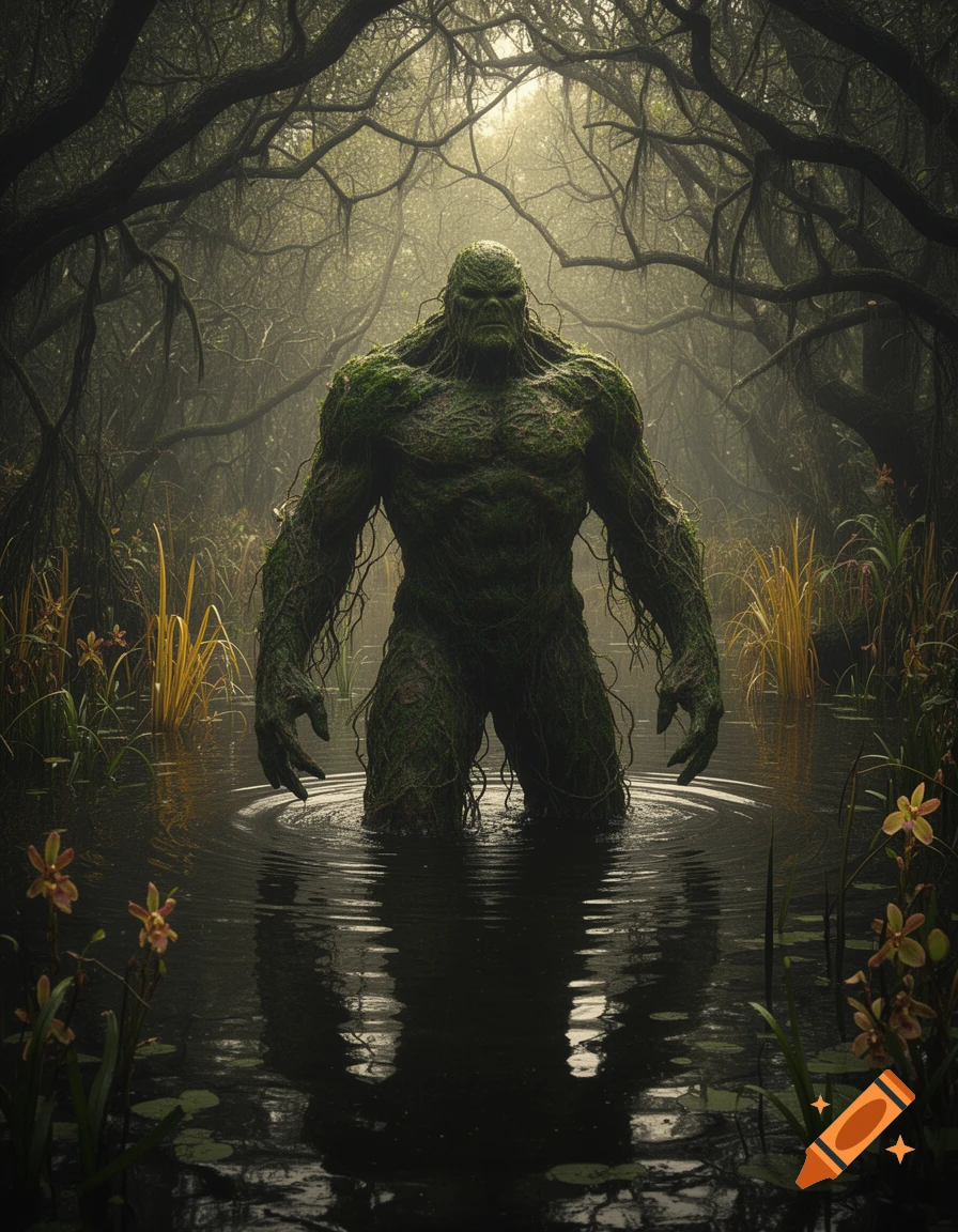 A massive, moss-covered Swamp Thing creature stands in dark, shallow water within a misty, gnarled swamp forest.