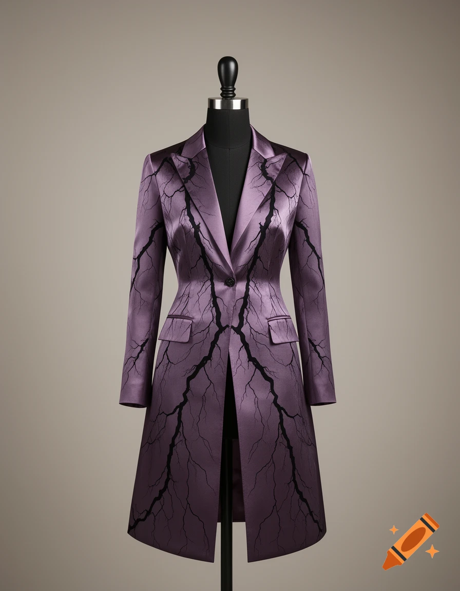 Dusky purple long jacket with black lightning designs on a mannequin.