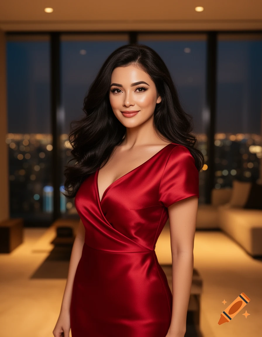 A beautiful woman with long dark hair in a shimmering red dress, posing in a modern apartment with a city night view.