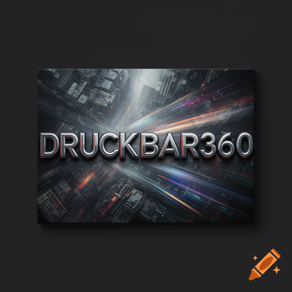 Metallic 3D text DRUCKBAR360 over a dark, industrial cityscape with light streaks.