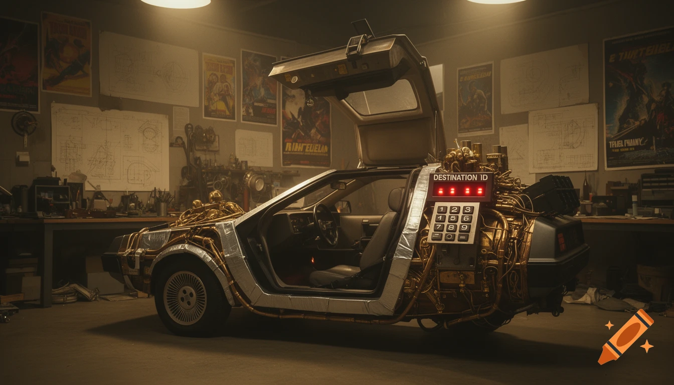 Photorealistic cinematic shot of a modified DeLorean time machine with its gull-wing door open, detailed with brass and silver duct tape, in a cluttered inventor's workshop. An LED screen displays 'DESTINATION ID' with blinking cursors and a numeric keypad.