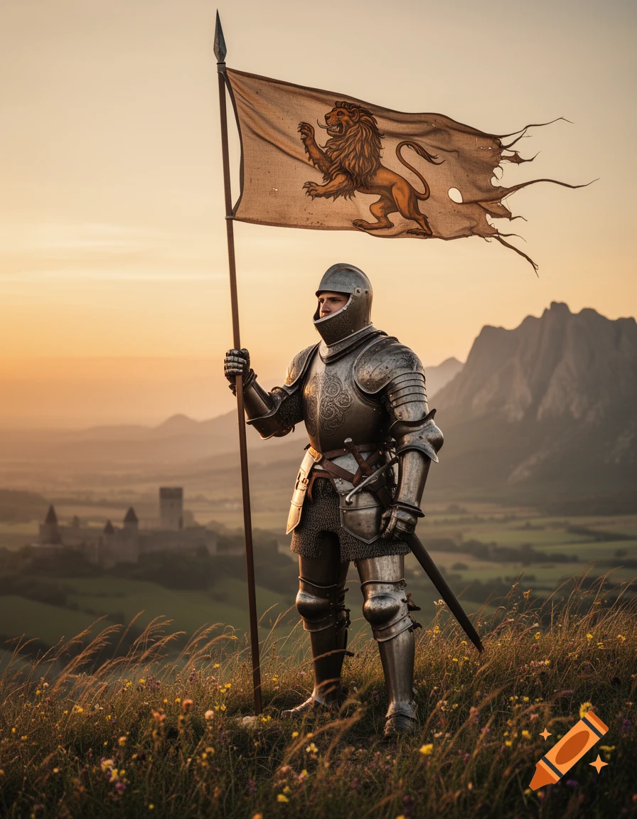 A knight in full armor stands on a hill holding a tattered flag with a lion emblem, overlooking a castle at sunset, photorealistic.