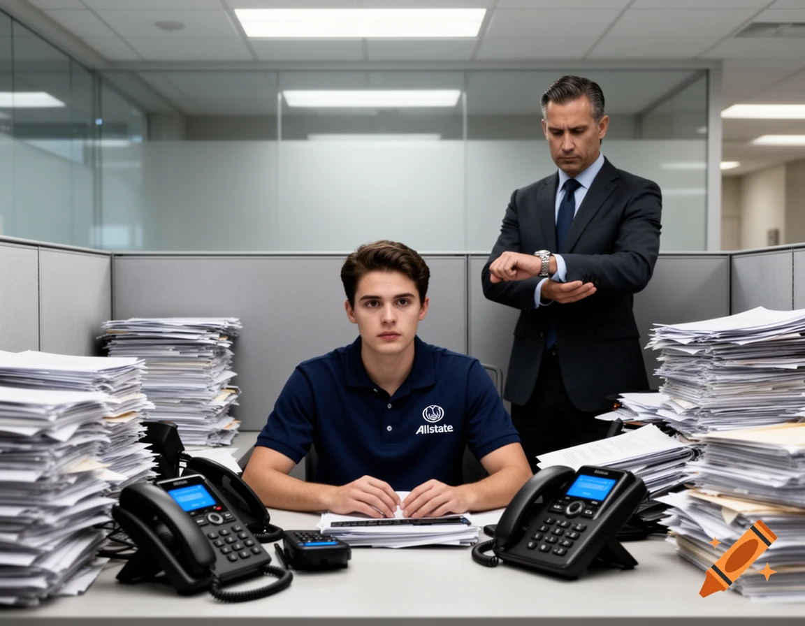 A young man in an Allstate shirt sits in an office cubicle, surrounded by stacks of paper, as his manager sternly checks his watch.