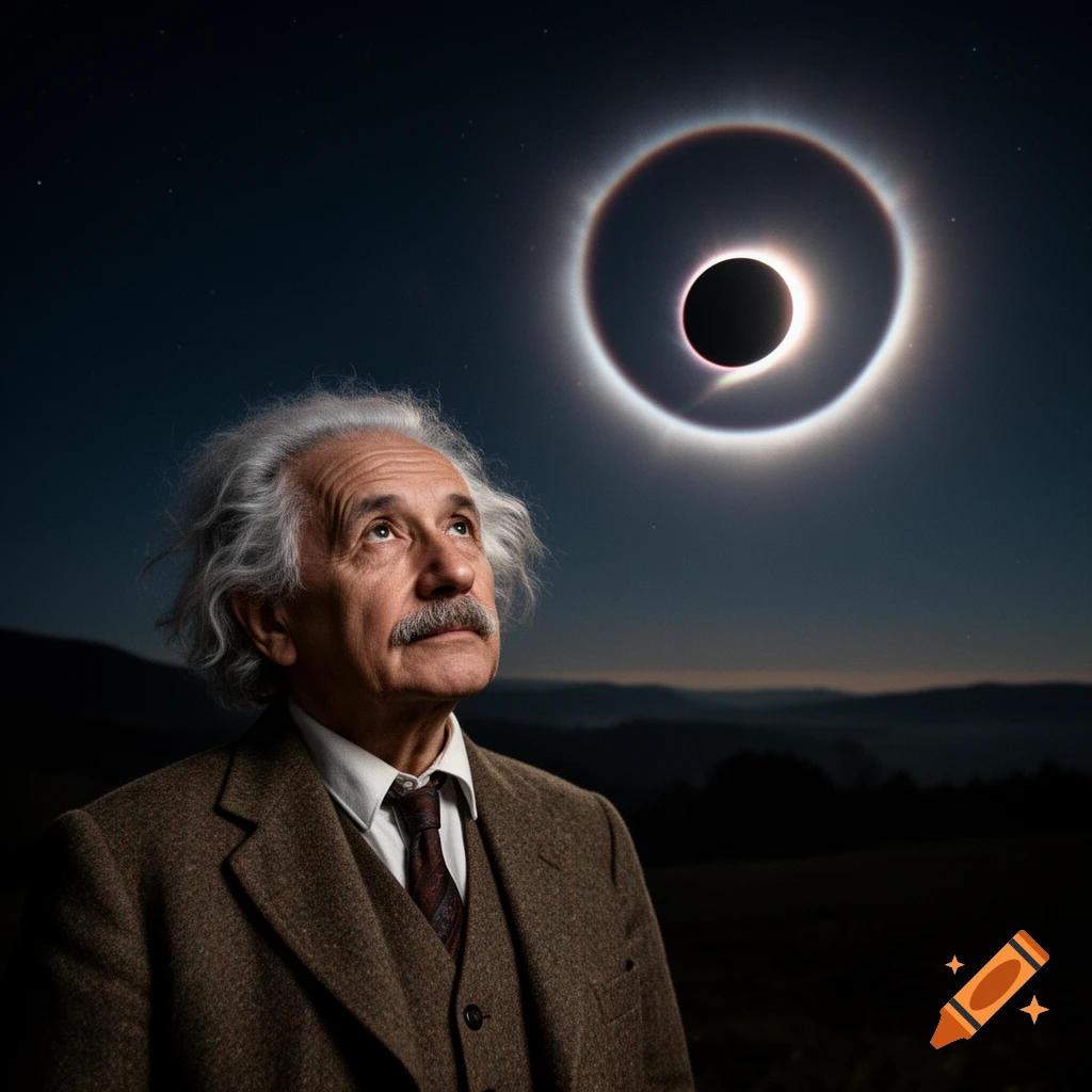 Photorealistic portrait of Albert Einstein looking up at a solar eclipse in a dark night sky.