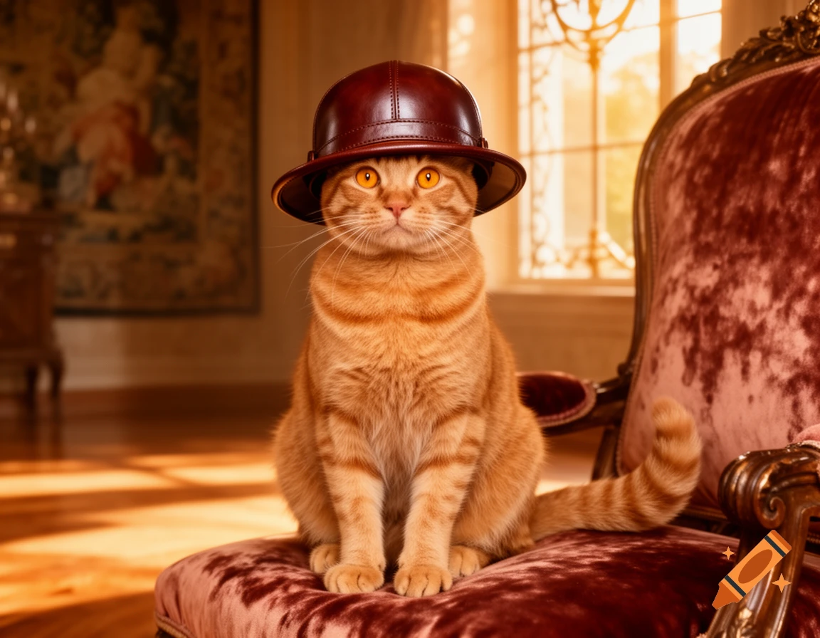 A photorealistic ginger cat wearing a brown leather hat sits confidently on a velvet cushioned chair in a well-lit room.