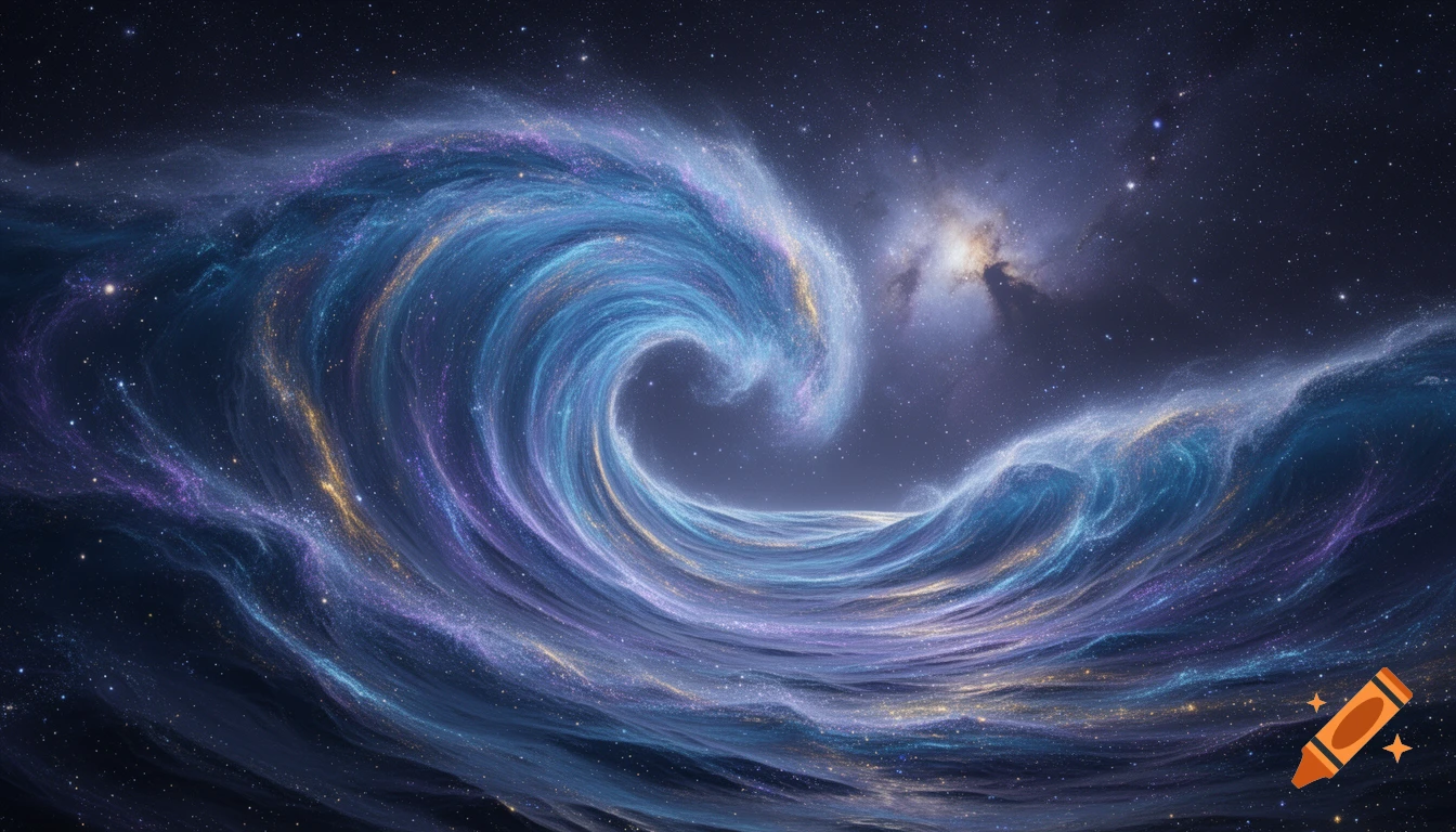 A giant celestial wave made of swirling blue and purple nebulae and stars in deep space, with a bright galaxy.