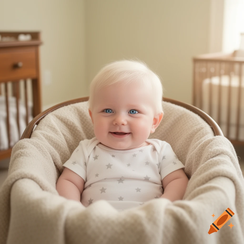 A smiling baby with blonde hair and blue eyes, wearing a star-patterned onesie, sits wrapped in a blanket in a chair, with a nursery in the background.
