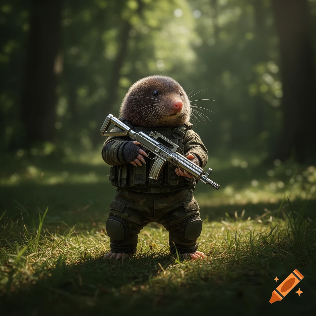 A mole in a camouflage military uniform holds an assault rifle in a lush forest. Photorealistic style.