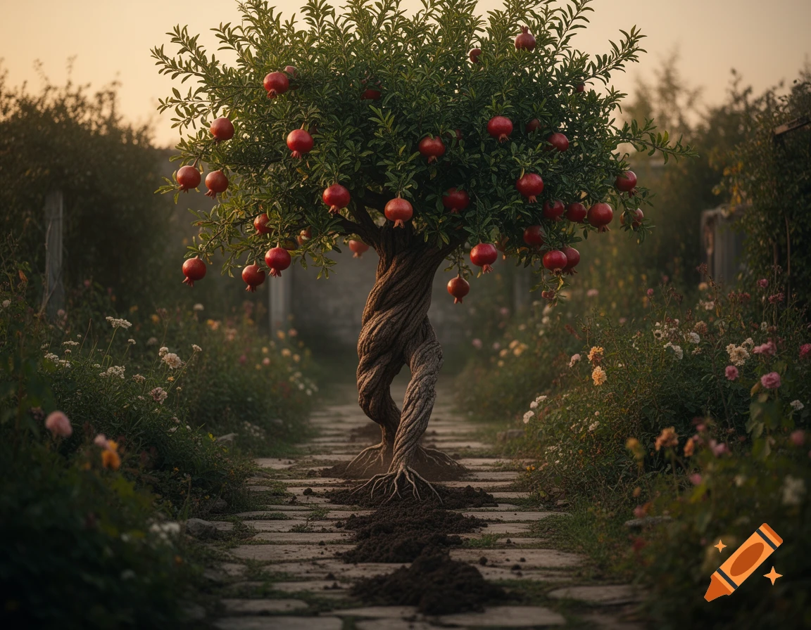 A gnarled pomegranate tree with red fruit and exposed roots stands on a stone path in a lush, softly lit garden, photorealistic.