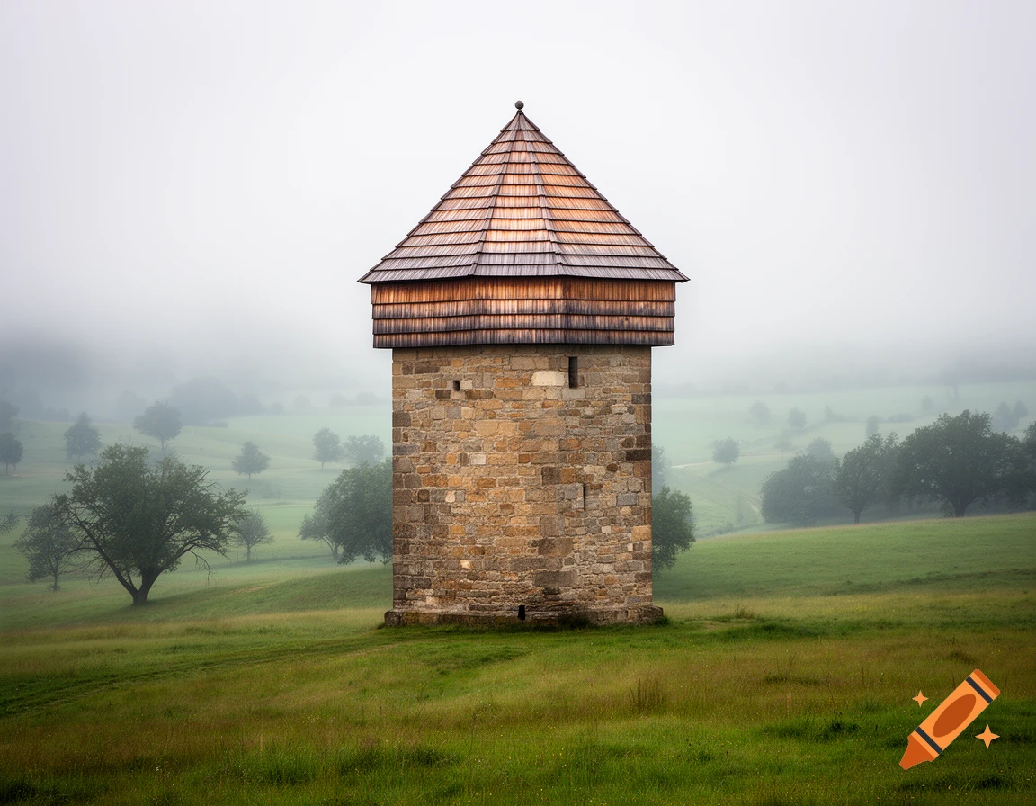A stone watch tower with a wooden shingled roof stands in a foggy green field with distant trees.