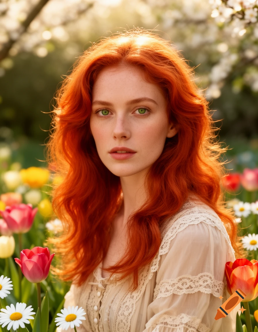 A photorealistic portrait of a woman with vibrant red hair and green eyes, surrounded by colorful spring flowers.